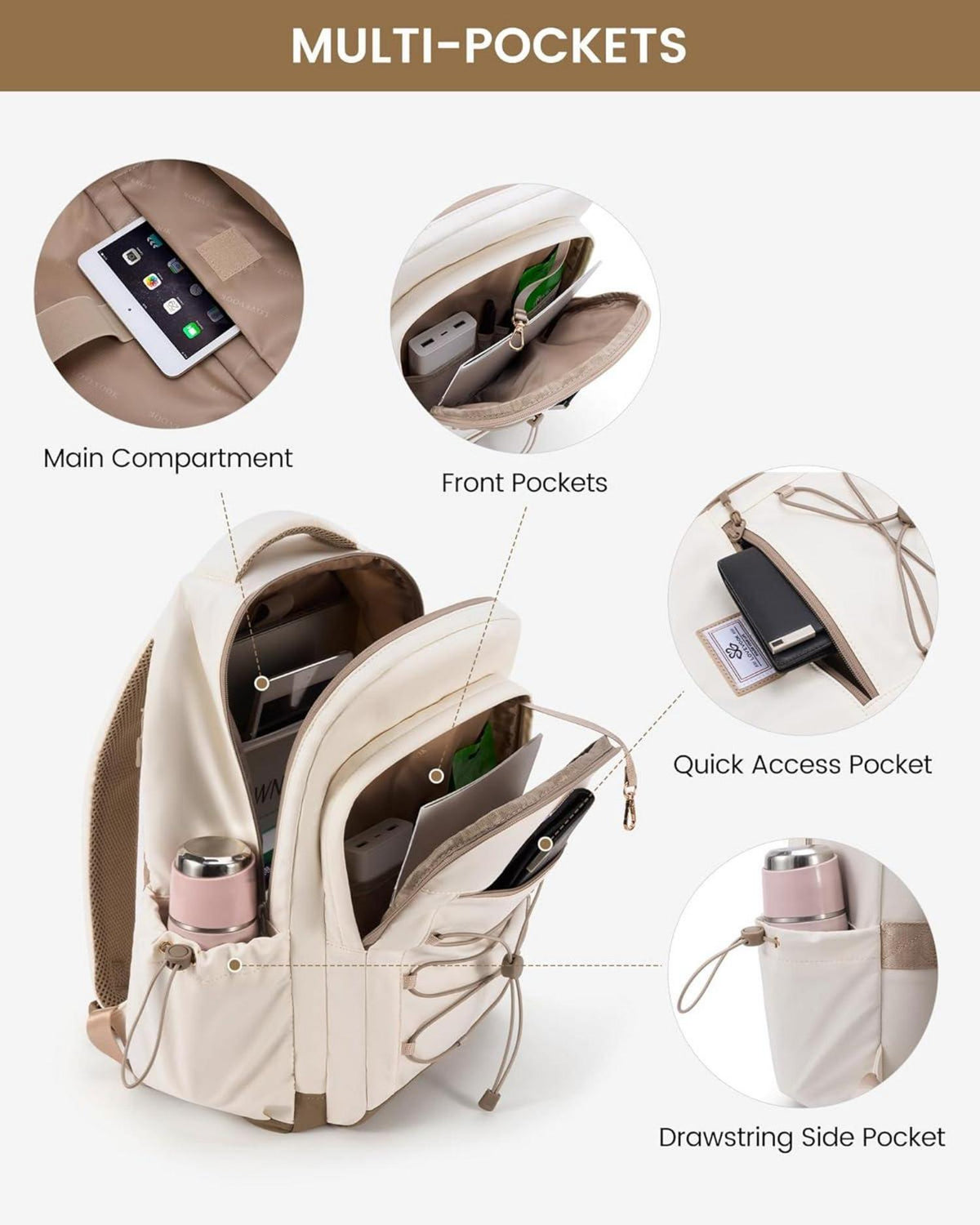 15,6 Zoll Laptop Rucksack Damen Herren Beige Leicht Daypack