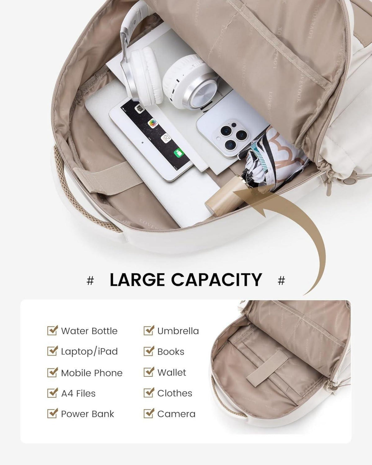 LOVEVOOK Rucksack 15,6 Zoll Schulrucksack Damen Herren mit Laptopfach Beige