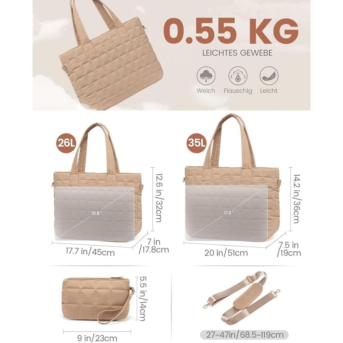 Laptoptasche Damen 15,6 Zoll Khaki Arbeitstasche Groß