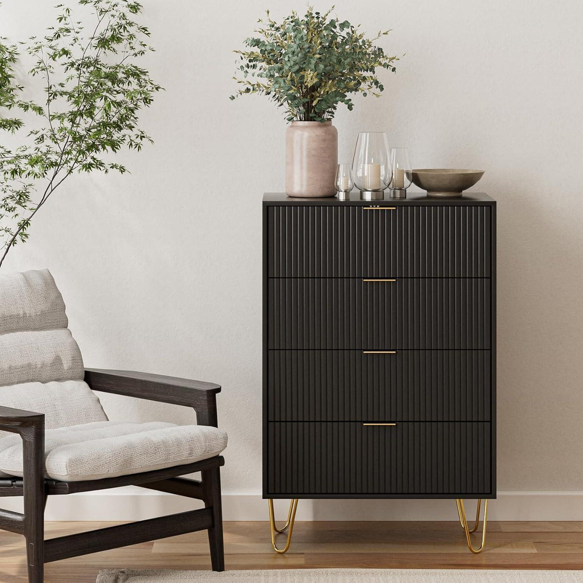 Moderne Kommode mit 4 Schubladen & Goldbeinen – 34x60x91cm