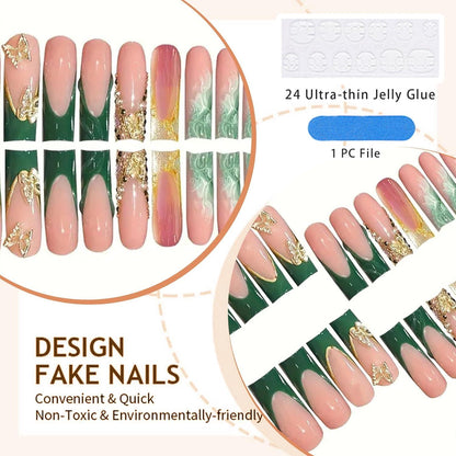 24er Set Grüne Falsche Nägel mit Rhinestones und 3D Schmetterlingen