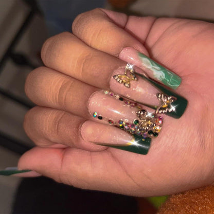 24 Stück Grüne Lang Falsche Nägel mit Rhinestone & 3D Schmetterling