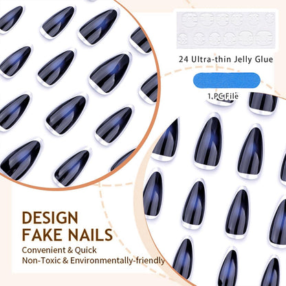 24er Set Blau Cat Eye Falsch Nägel - MIttelgroß - Nail Art Kit