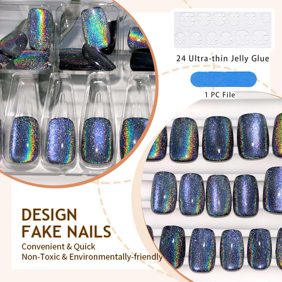 24er Set Glitzernde Quadratische Falsche Nägel in Schwarz