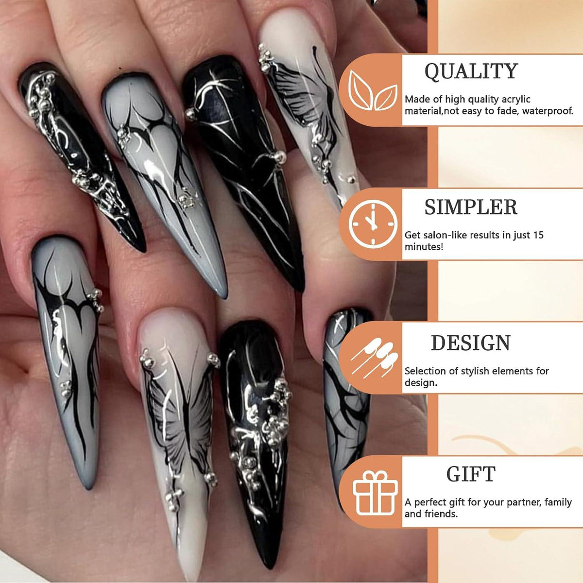 24 Stück Lange Stiletto Goth Schwarz Schmetterling Falsche Nägel