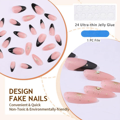 24 Stück Schwarze French Tips Press on Nails mit Diamant Sternen
