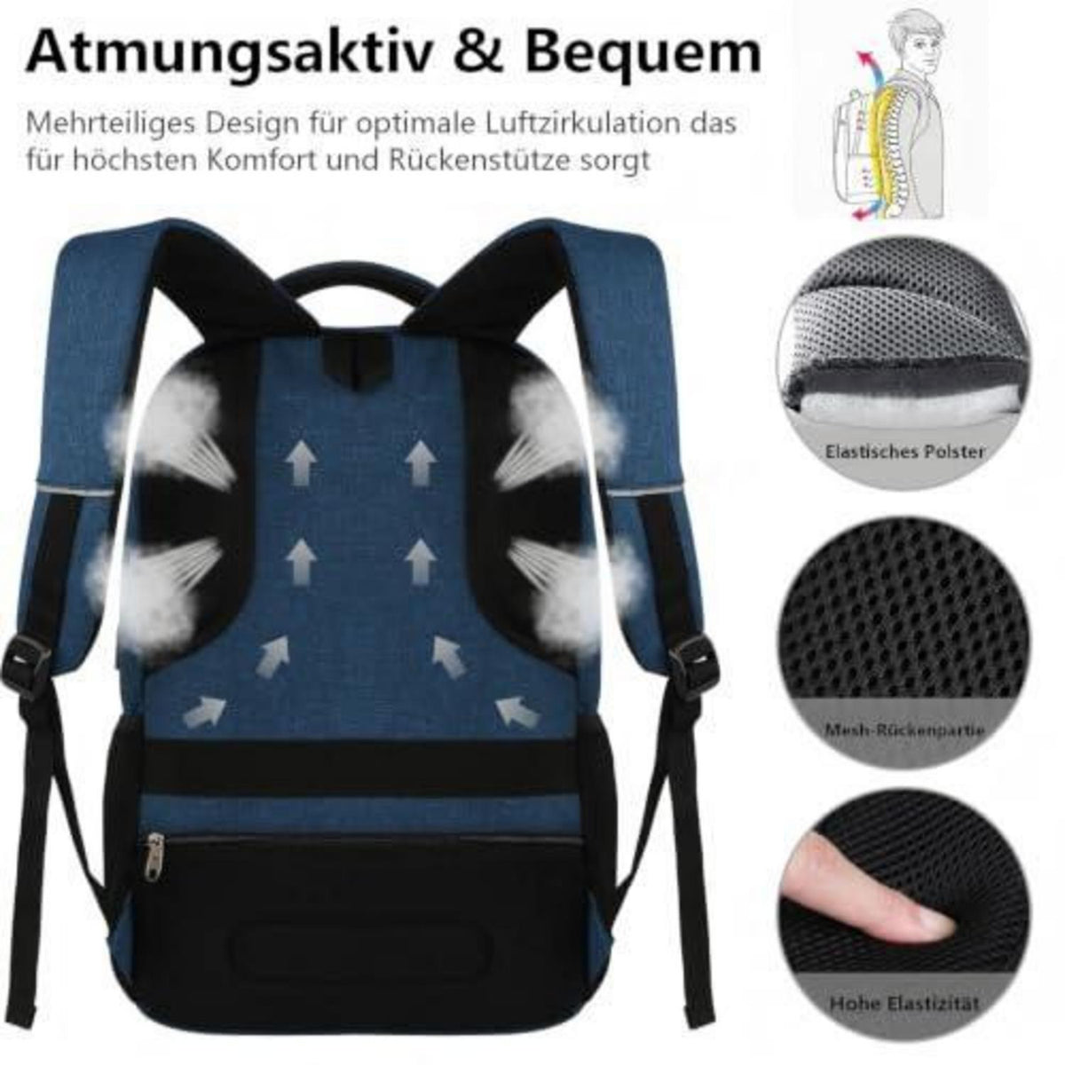 20 Zoll Laptop Rucksack Blau – Herren & Teenager Schulrucksack