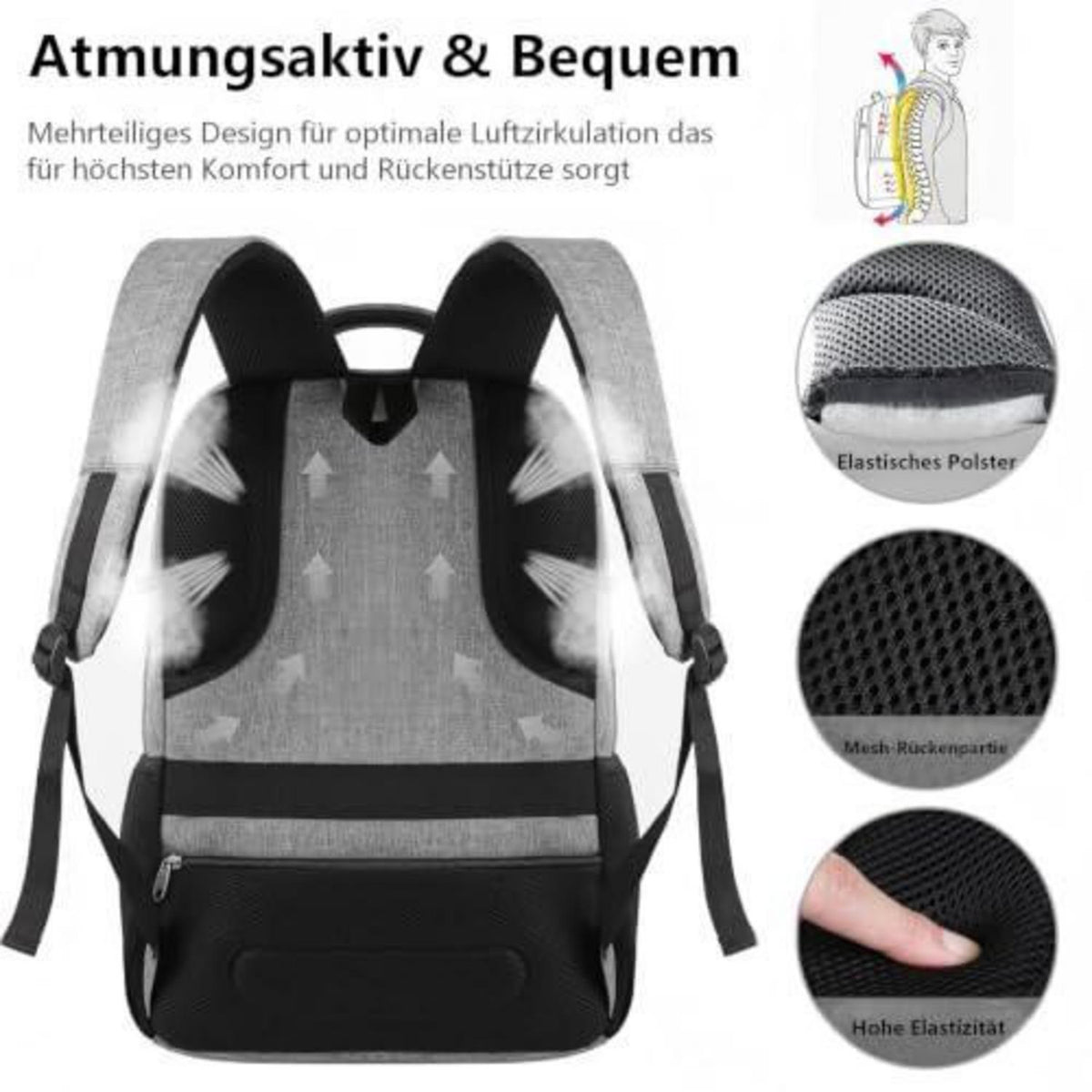 18 Zoll Laptop Rucksack Herren Grau – Schulrucksack mit Gepäckgurt