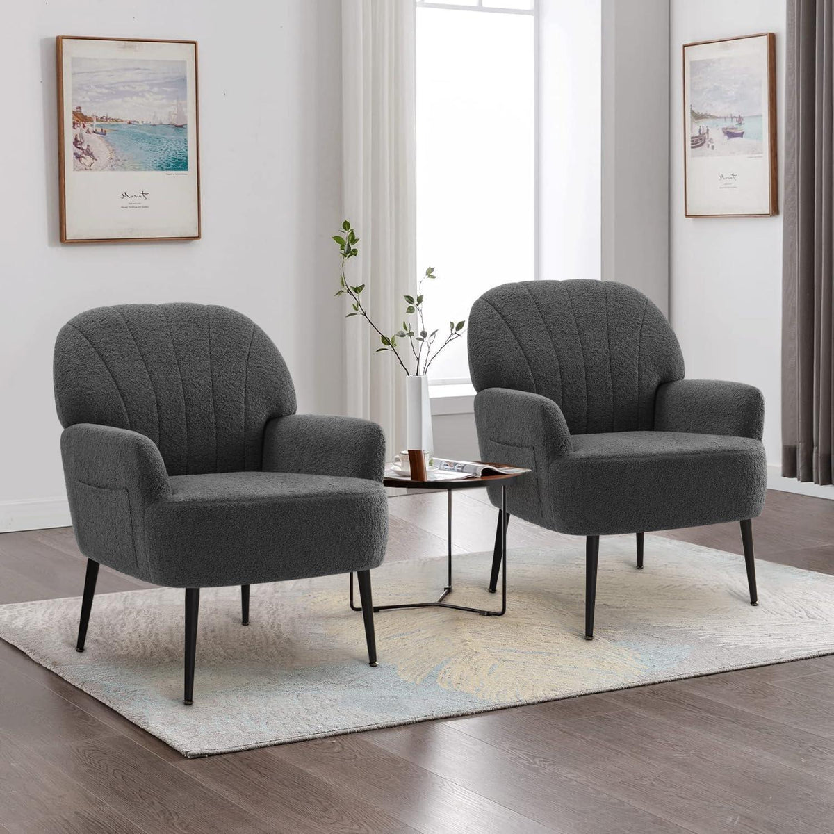 Bequemer Kunstfell Sessel mit Seitentasche – Grau (2er Set)