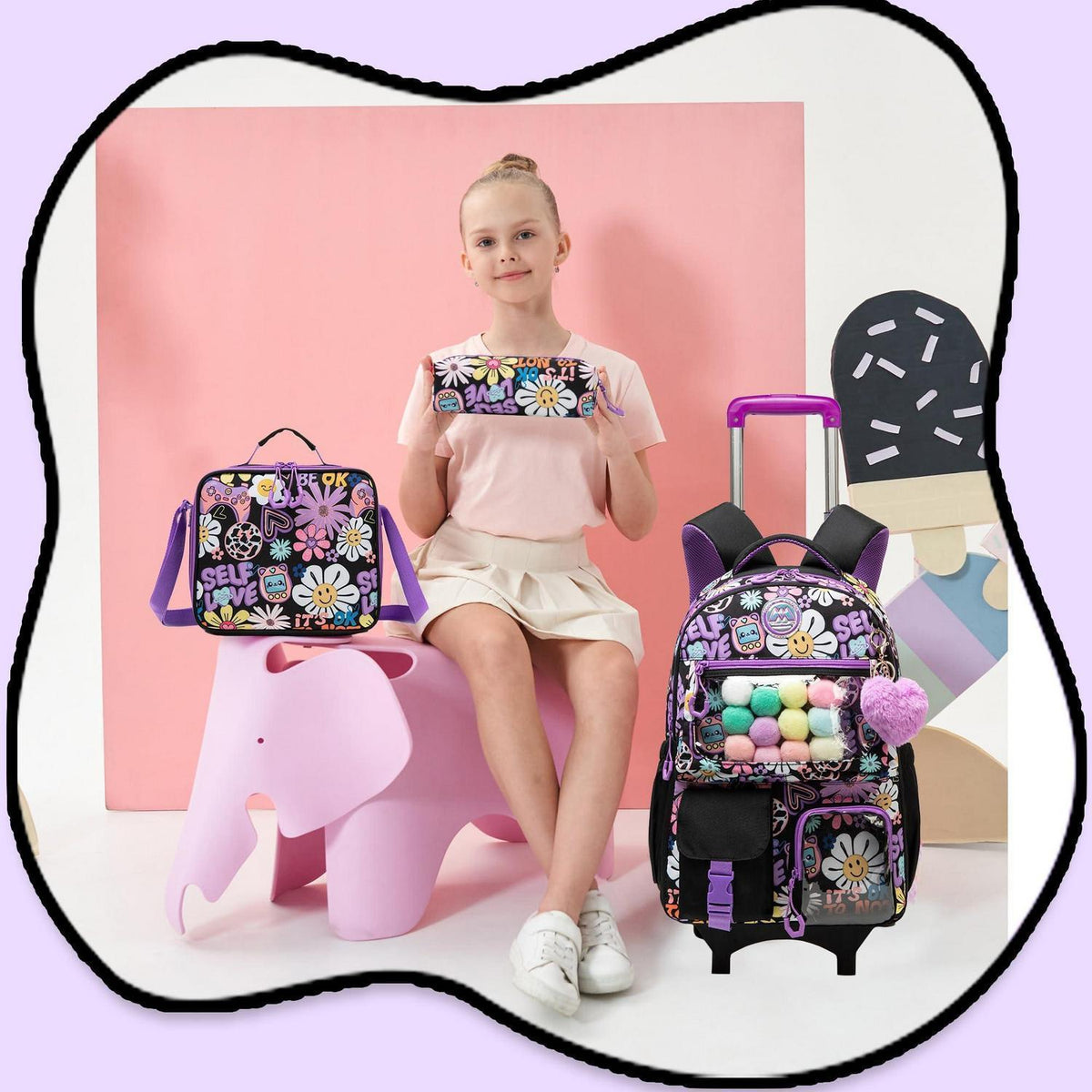 Kinder Trolley Rucksack Set mit Lunchtasche & Federmäppchen Schwarz Blumen