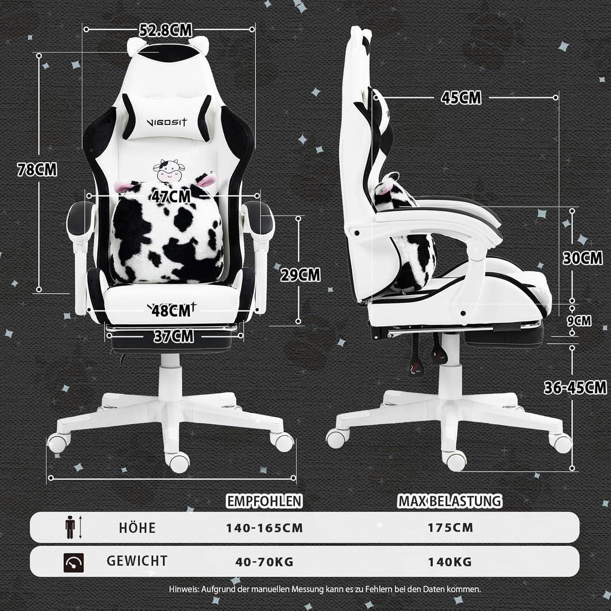 Gaming Stuhl Niedlich mit Ohren & Kawaii Kissen, Ergonomisch für Mädchen