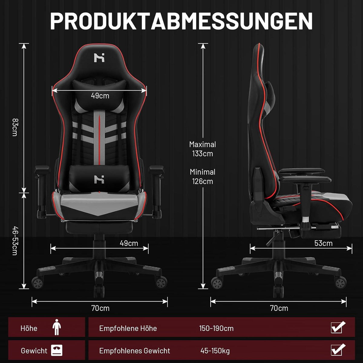 Gaming Stuhl Schwarz-Grau, Ergonomisch, 150kg Belastbarkeit