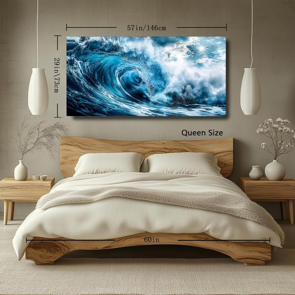 Wellen Wandbild Blau Leinwand XXL – Moderne Wanddeko
