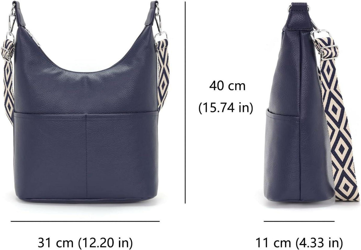 Umhängetasche Damen Groß Blau Vegan Leder Handtasche Mittelgroß Crossbody Bag