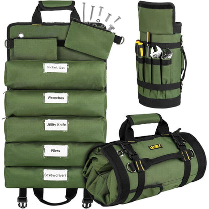 Werkzeug Rolltasche Grün mit 13 Taschen und 2 abnehmbaren Fächern