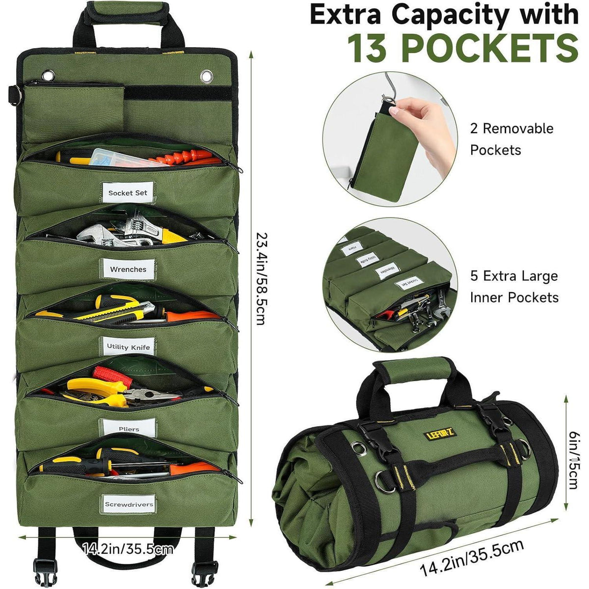 Werkzeug Rolltasche Grün mit 13 Taschen und 2 abnehmbaren Fächern