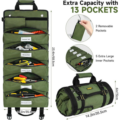 Werkzeug Rolltasche Grün mit 13 Taschen und 2 abnehmbaren Fächern