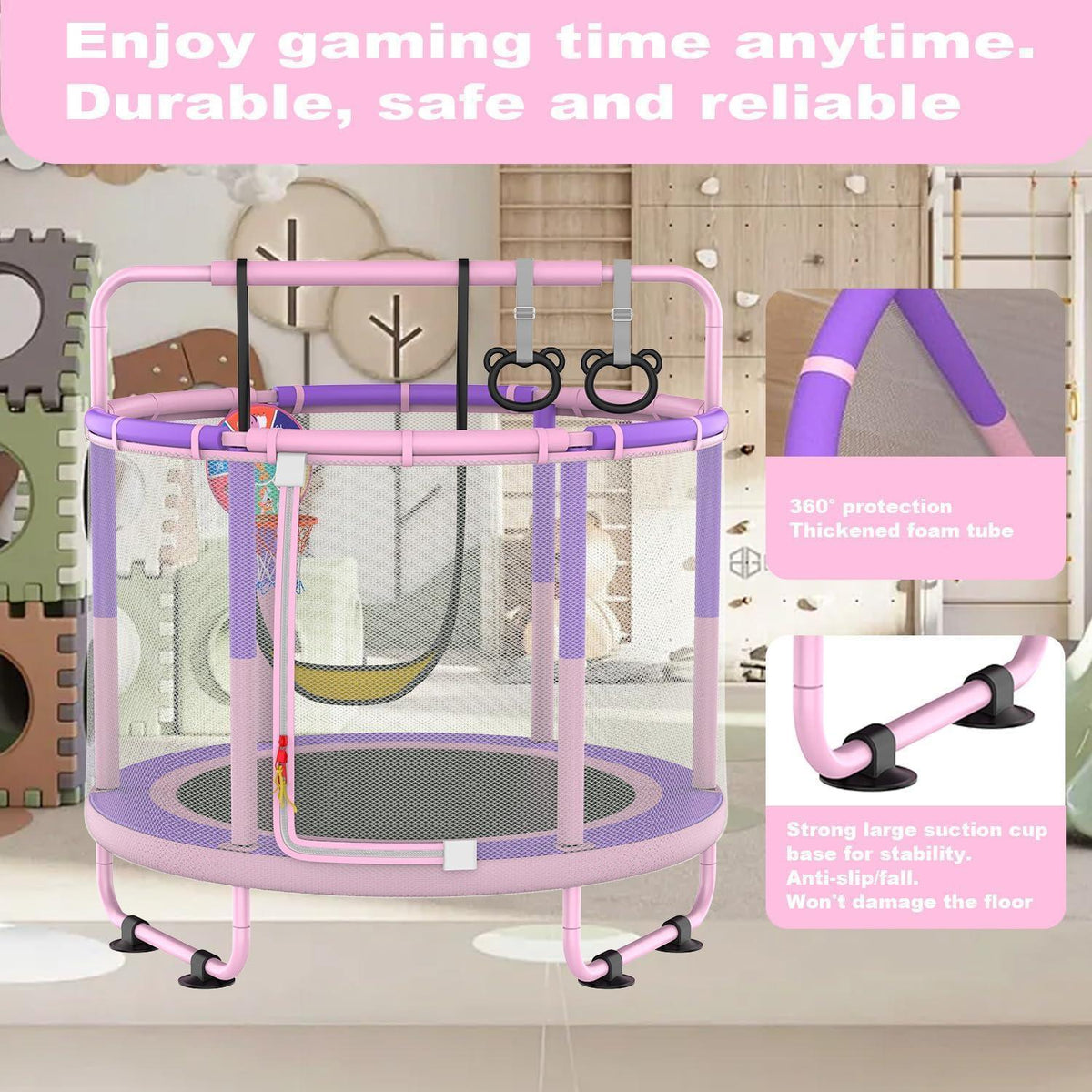 Kindertrampolin mit Basketball & Zubehör – Rosa-Violett