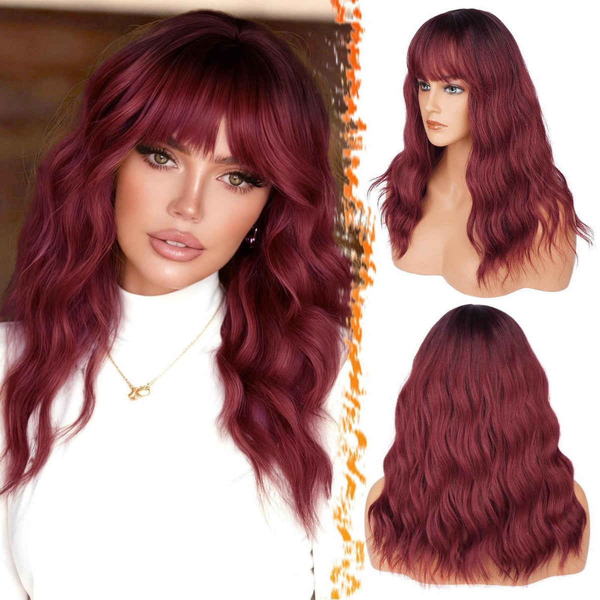 Ombre Rot Wellig Pony Perücke – 46cm Schulterlang Synthetisch