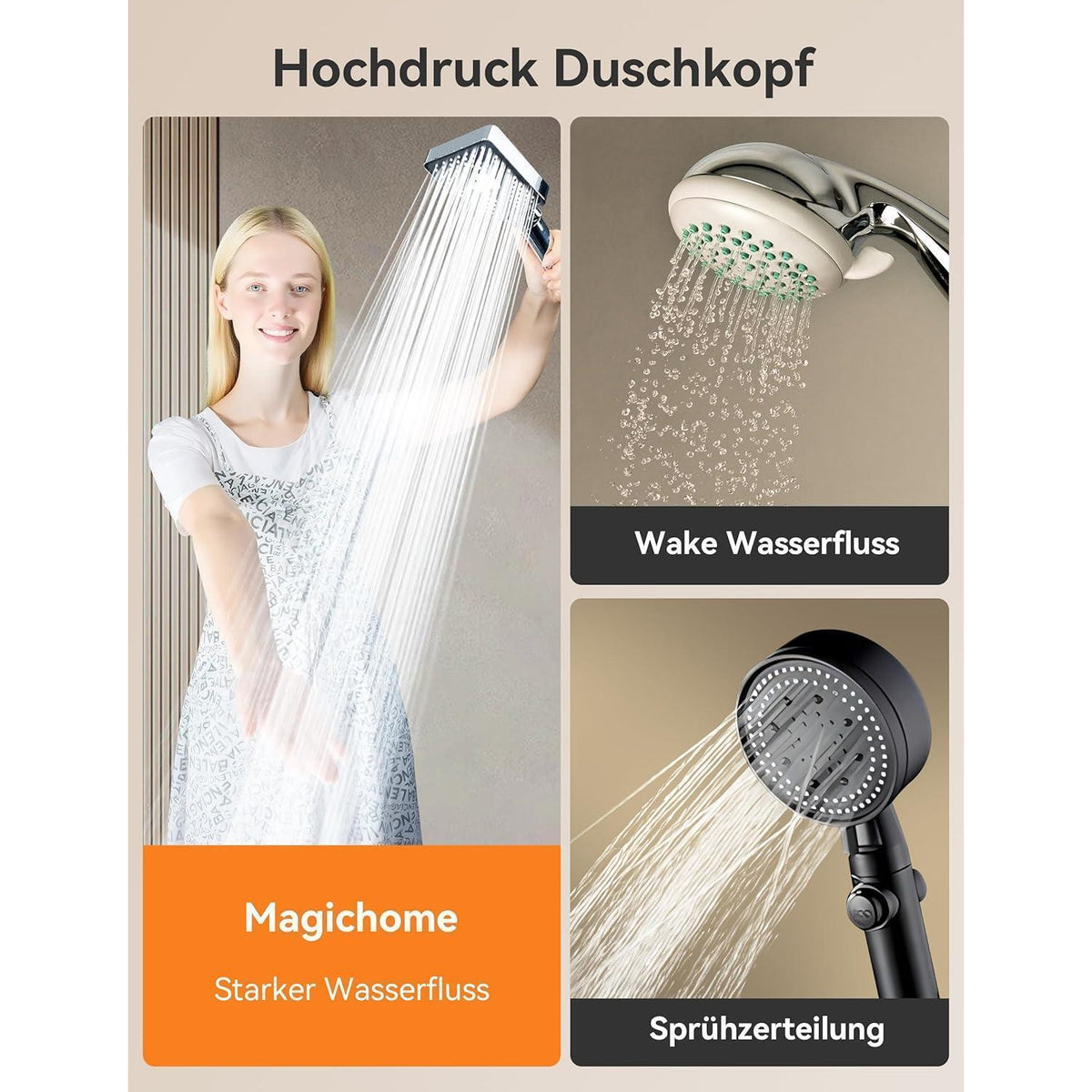 Hochdruck Duschkopf mit 6 Strahlarten und Schlauch