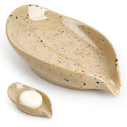 Keramik Seifenschale mit Ablauf – Beige, Blatt Design