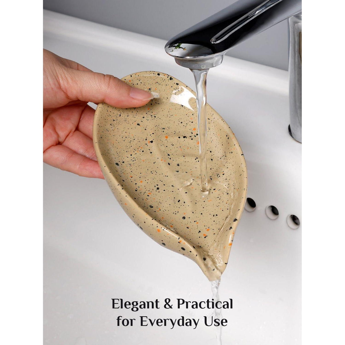 Keramik Seifenschale mit Ablauf – Beige, Blatt Design