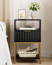 Nachttisch mit Goldrahmen, 3-Tier Lagerung, Schwarz