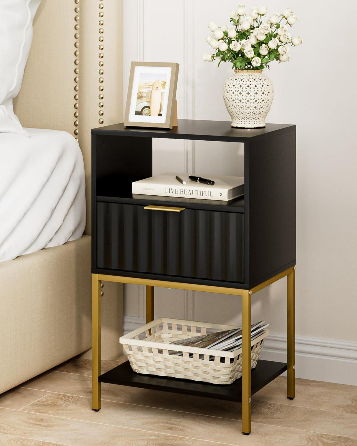 Nachttisch mit Goldrahmen, 3-Tier Lagerung, Schwarz, MDF-Metall