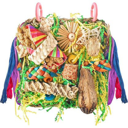 Vogelspielzeug aus Naturholz mit Seegras, gelb-grün