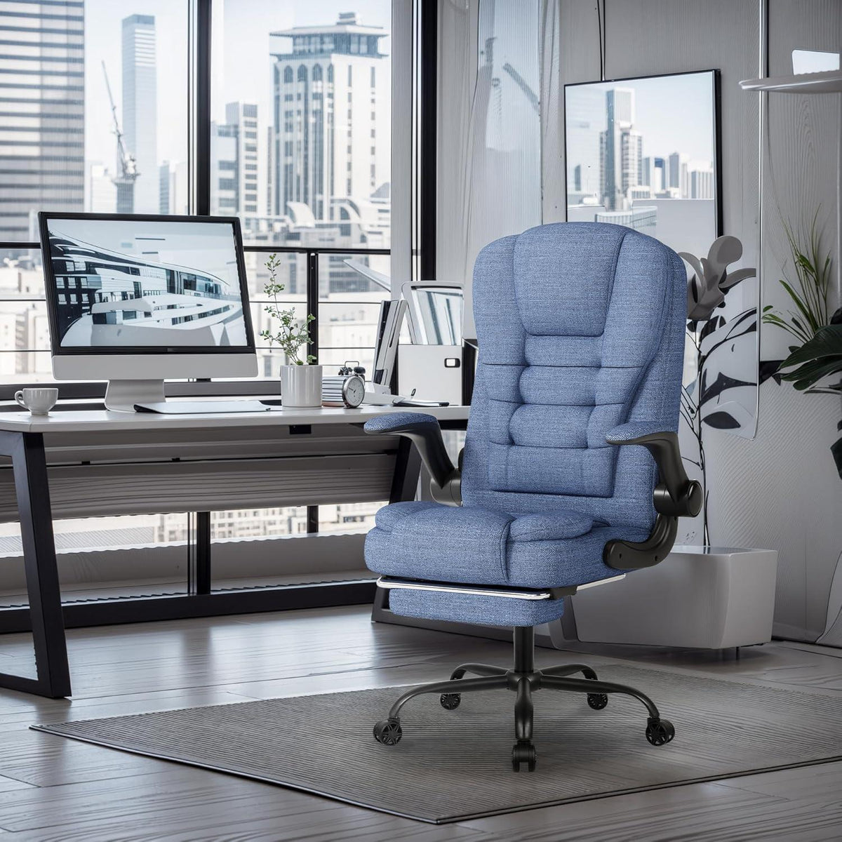 Ergonomischer Gaming Stuhl Blau mit Armlehne und Fußstütze