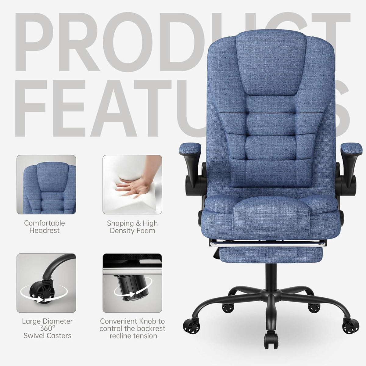 Gaming Bürostuhl Stoff Ergonomischer PC-Stuhl Fußstütze Blau
