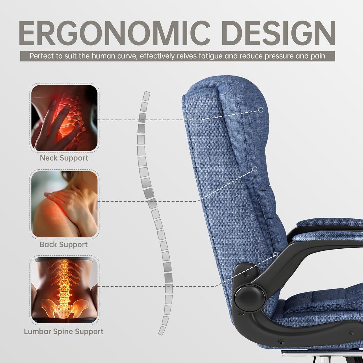 Ergonomischer Gaming Bürostuhl mit Stoff und Fußstütze - Blau