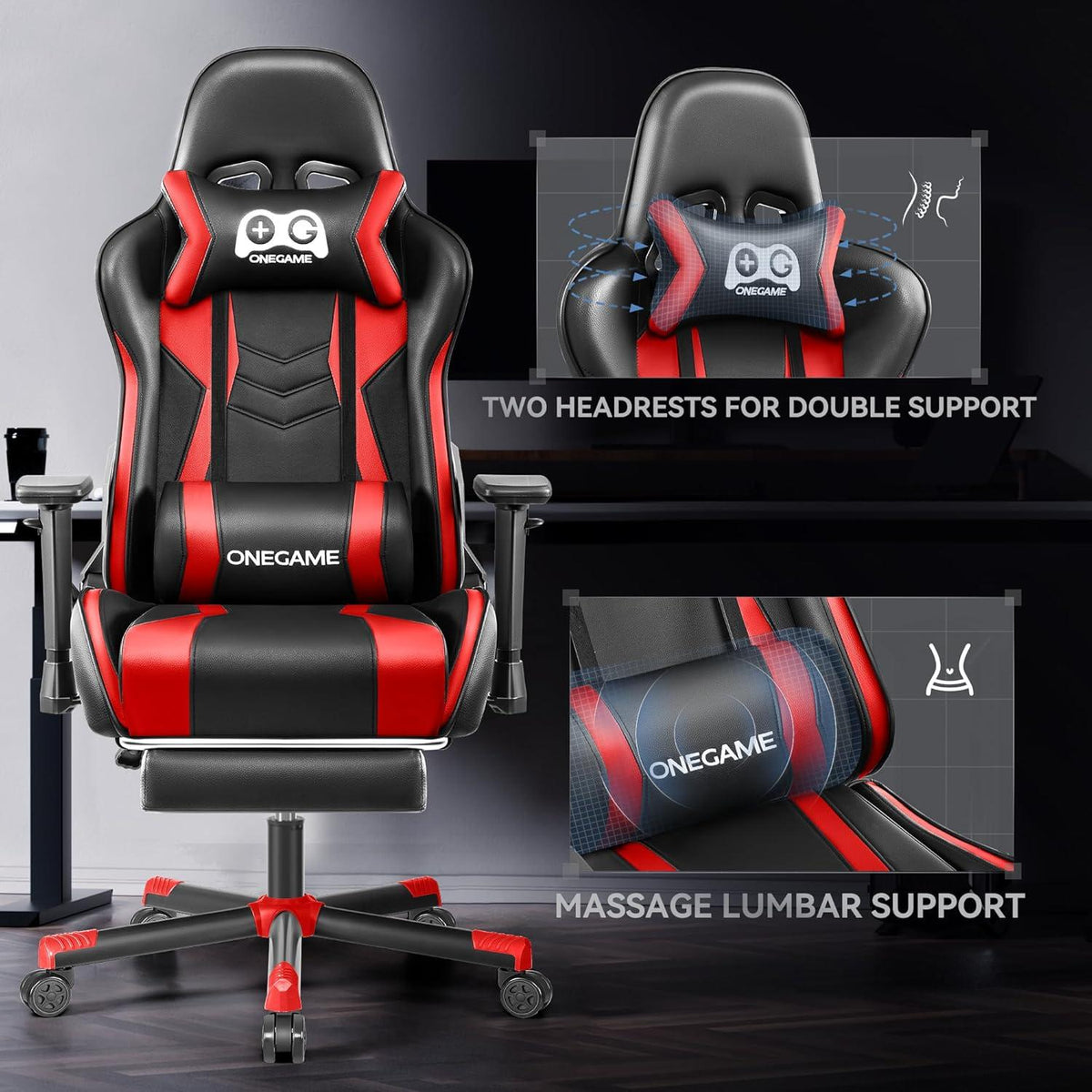 OneGame Gaming Stuhl mit Fußstütze und 3D Armlehnen, ergonomisch, PU-Leder, Rot