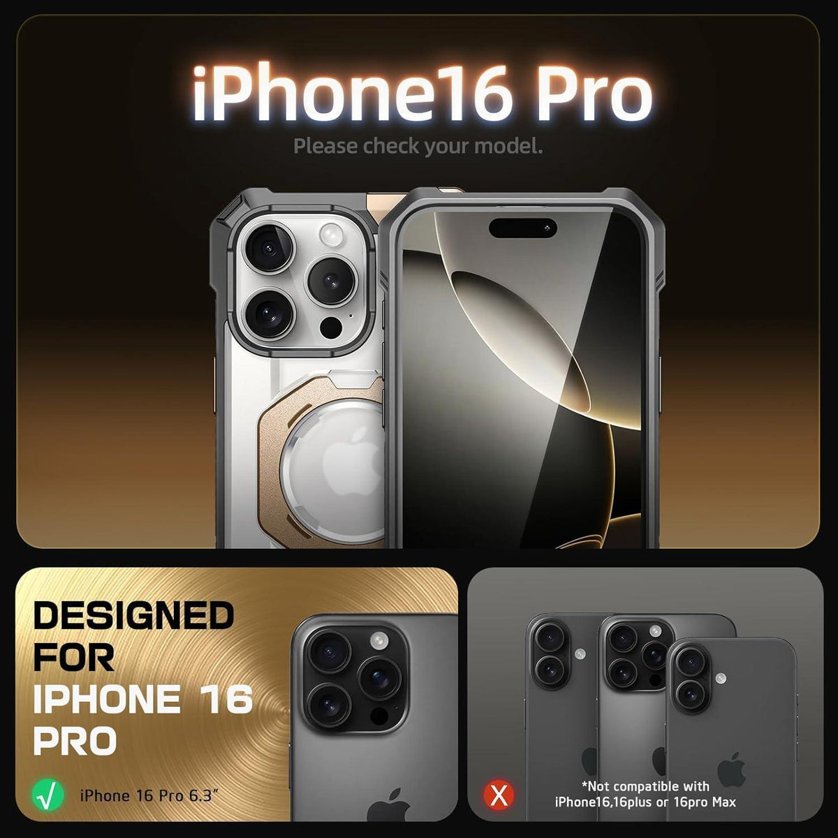 iPhone 16 Pro Hülle mit Ständer, MagSafe, Gold