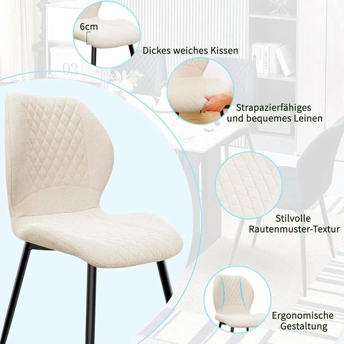 Gepolsterte Esszimmerstühle 4er Set – Beige Leinen & Metall
