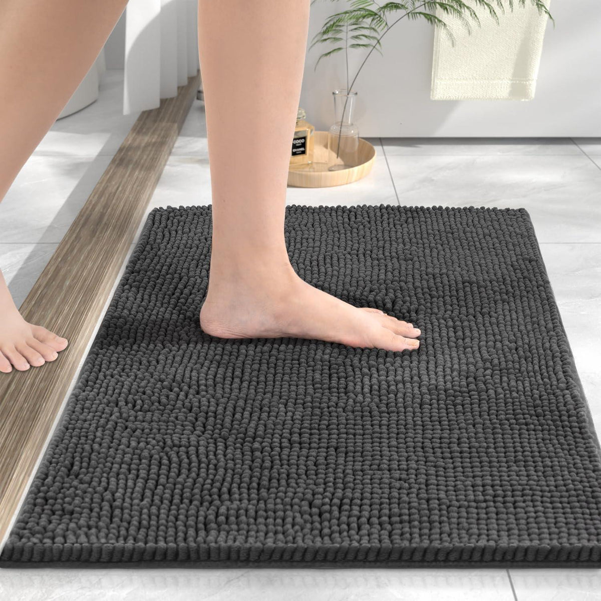 Chenille Badteppich dunkelgrau – Super saugfähig & rutschfest 50x80cm
