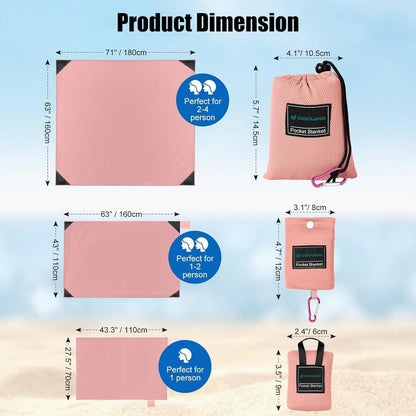Ultraleichte Picknickdecke 180x160 cm, sandabweisend, wasserdicht, Rosa