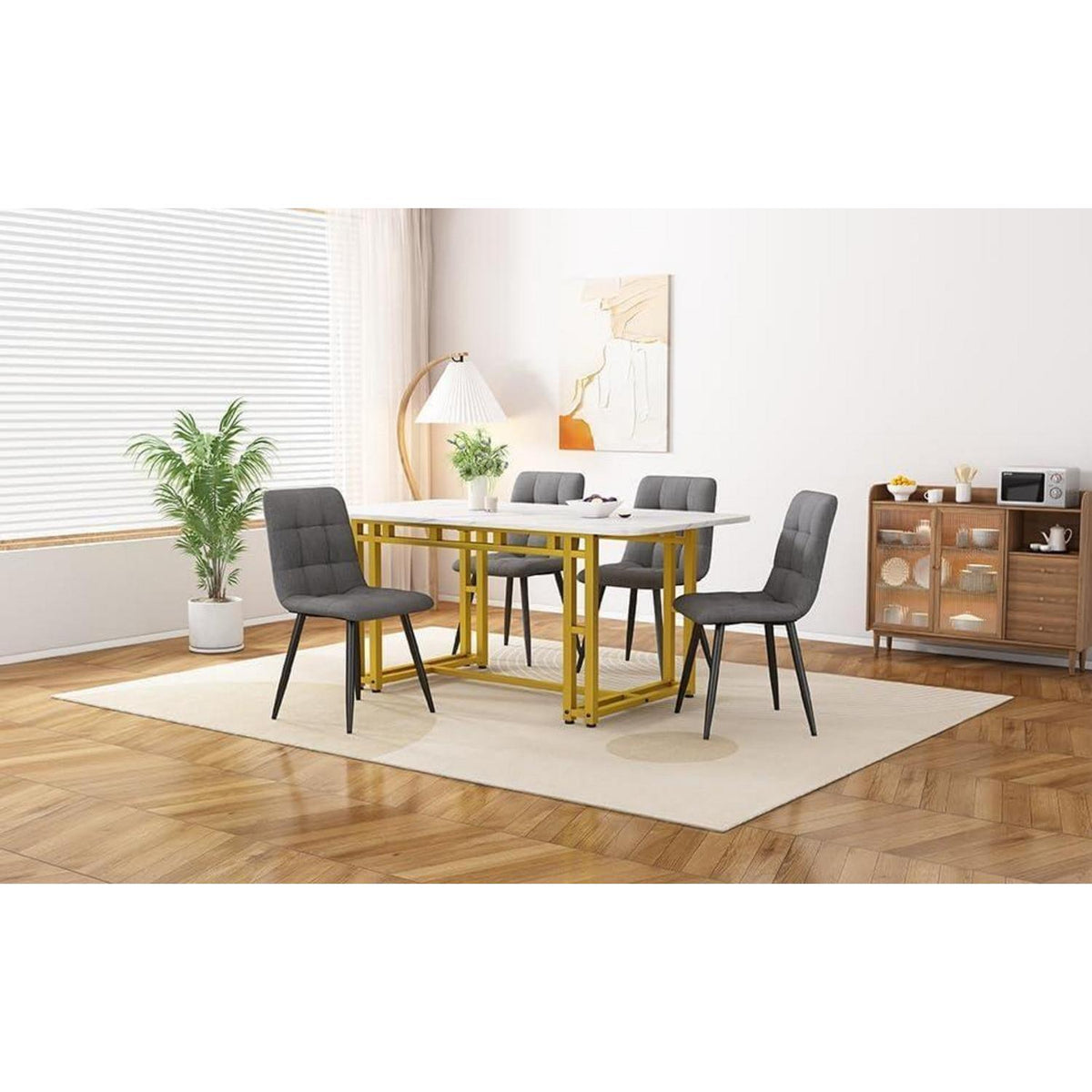 Esstisch Set Grau + Gold mit 4 Stühlen – Modernes Esszimmer