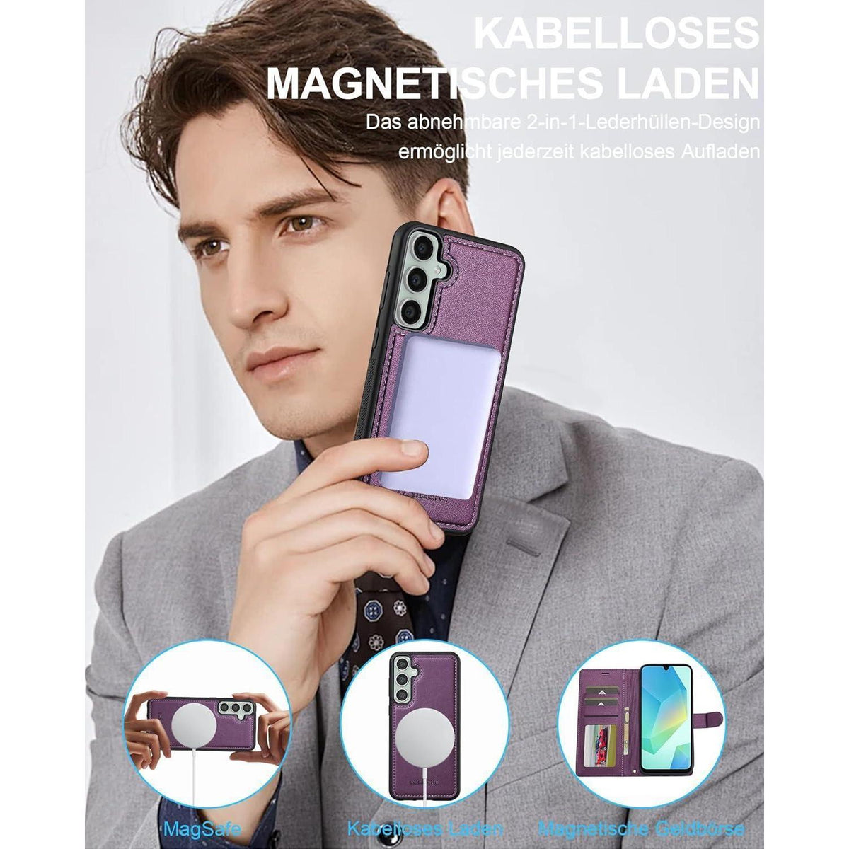 Samsung Galaxy A16 Hülle mit Kartenfach und Ständer, abnehmbar, lila in Lederoptik