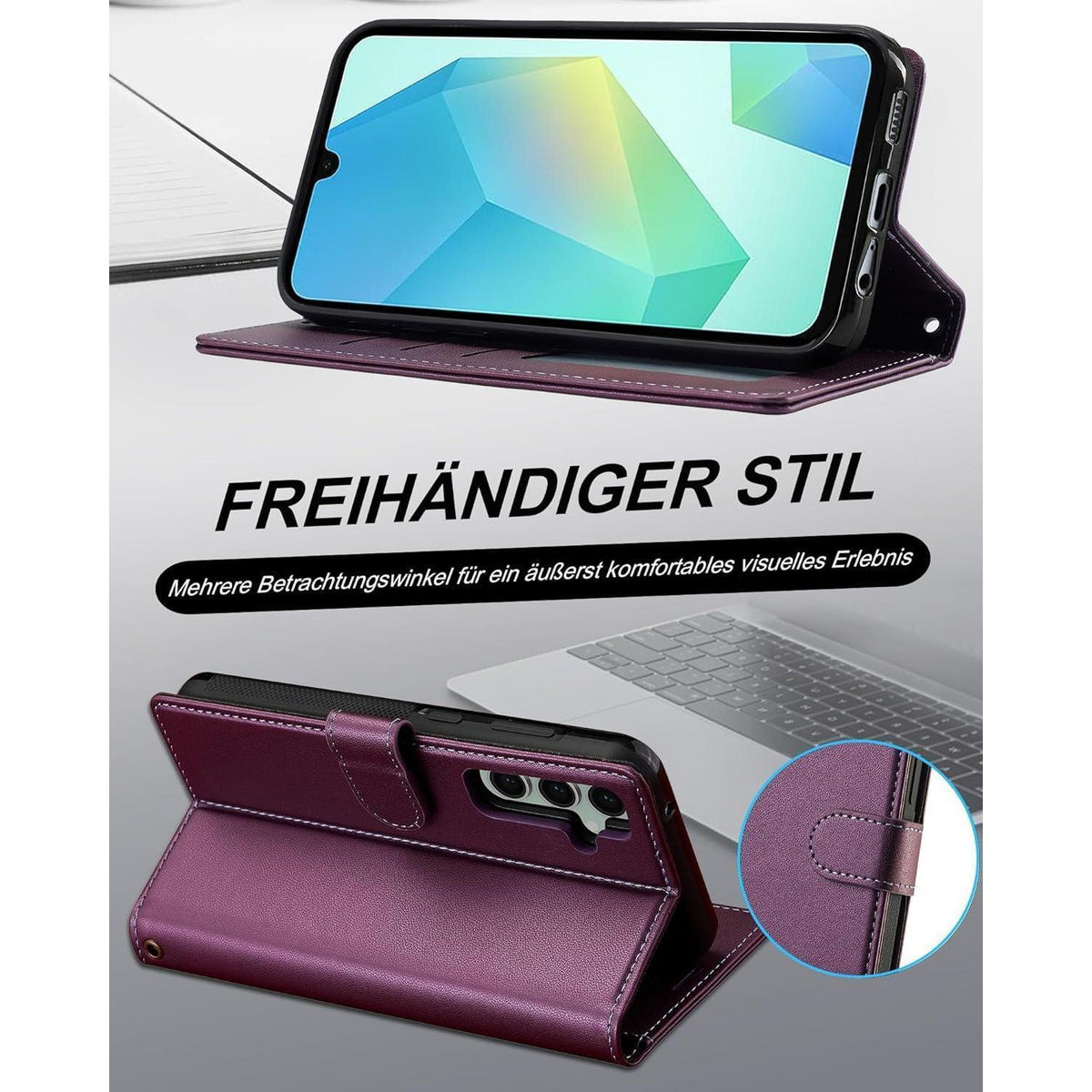 Samsung Galaxy A16 Hülle mit Kartenfach und Ständer, abnehmbar, lila in Lederoptik