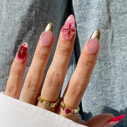 Kurze Mandel Nagelpressen 3D Blumen Dekoration Französische Maniküre
