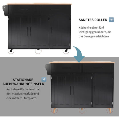 Freistehende Kücheninsel mit Klappplatte & Rollen – Schwarz