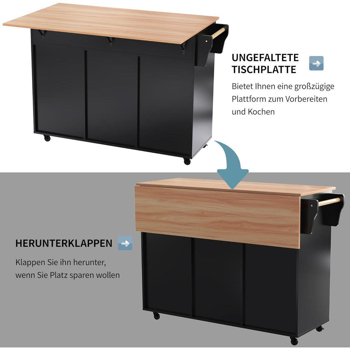 Freistehende Kücheninsel mit Klappplatte & Rollen – Schwarz
