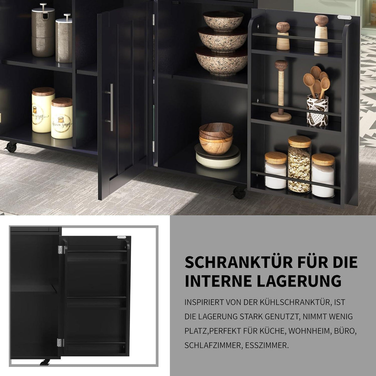 Freistehende Kücheninsel mit Klappplatte & Rollen – Schwarz