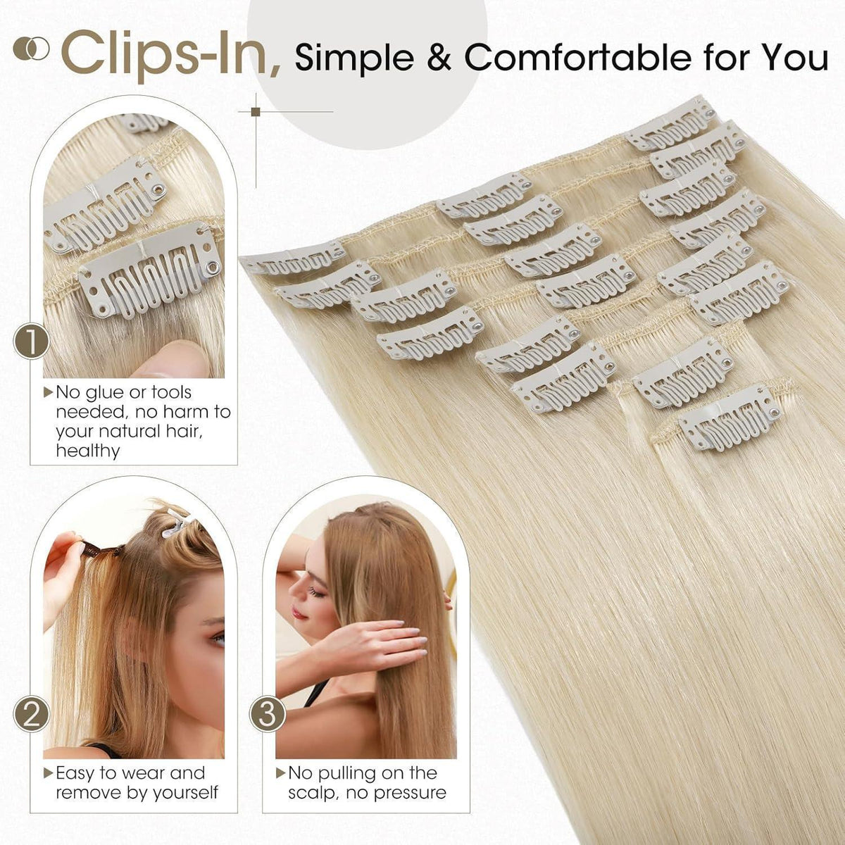 Echthaar Clip-Ins Platinblond (45cm) - 8-teiliges Set