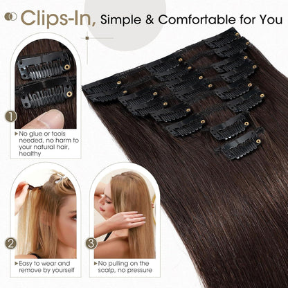 Echthaar Clip-Ins dunkelbraun 40cm - 8-teiliges Set