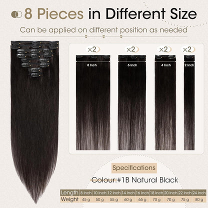 Echthaar Clip-Ins Schwarz 50cm - 8-teiliges Set