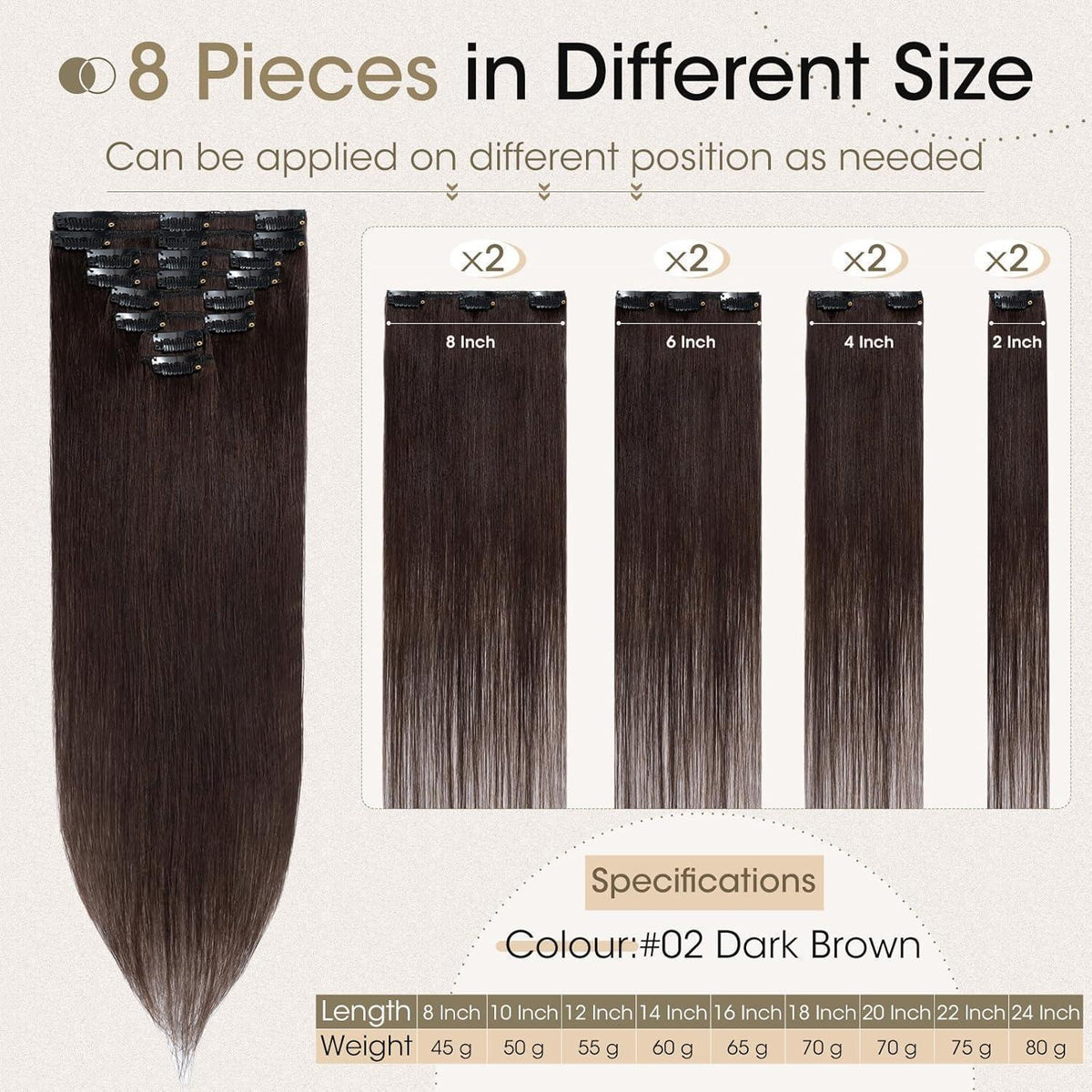 Echthaar Clip-Ins Dunkelbraun (8-teilig) - 20cm