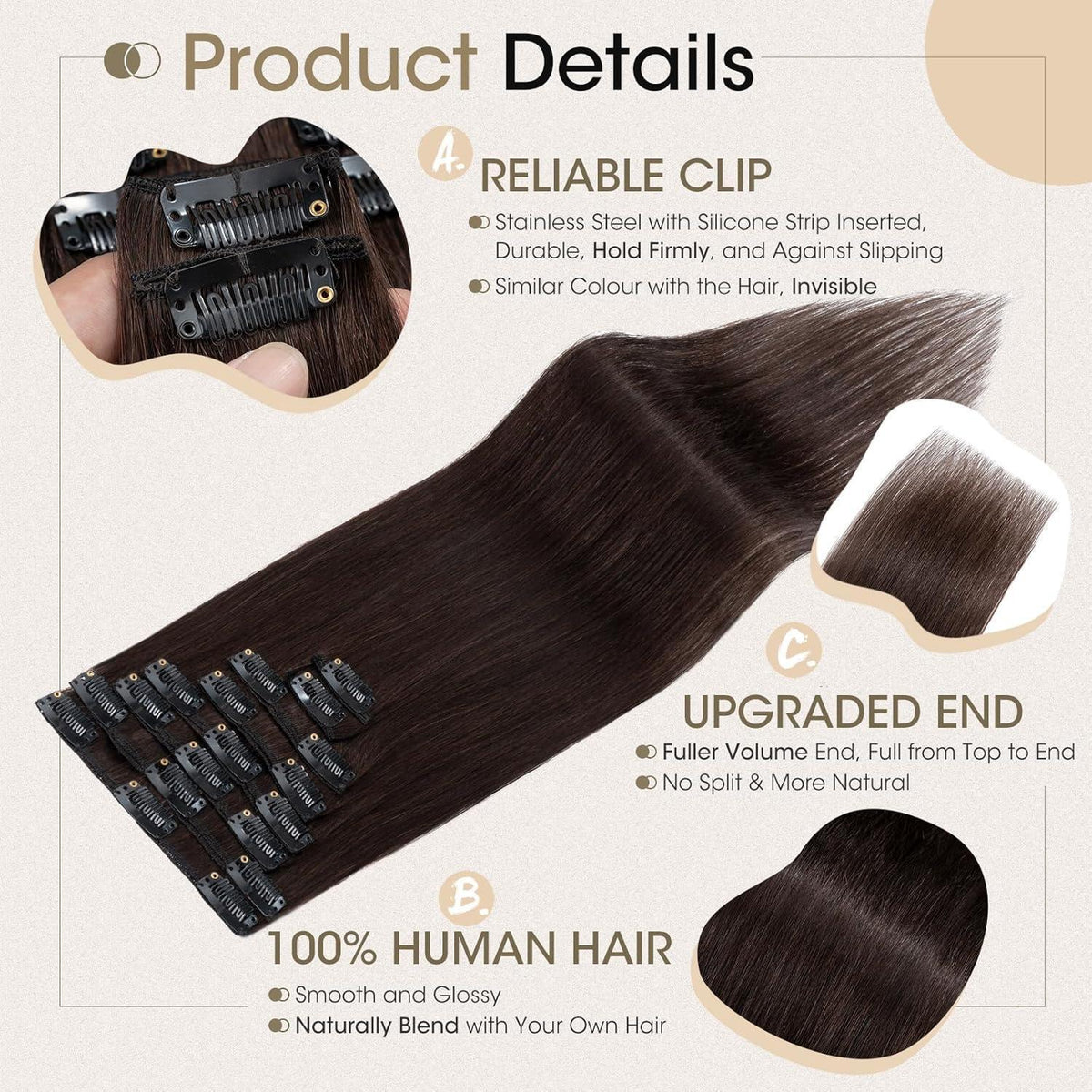 Echthaar Clip-Ins Dunkelbraun (8-teilig) - 20cm
