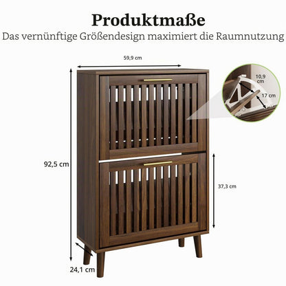 Schmaler Schuhschrank mit Klapptüren & Lamellen – Walnuss